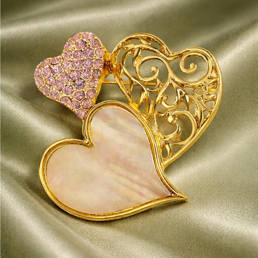 Pink Crystal Heart Gold Brooch